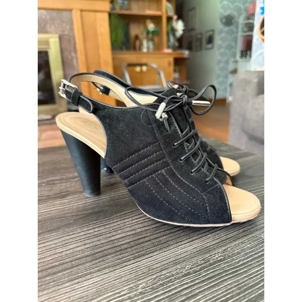 Tod's Black Suede Lace-up, Peep-Toe Slingback Sandals Sz. 38.5